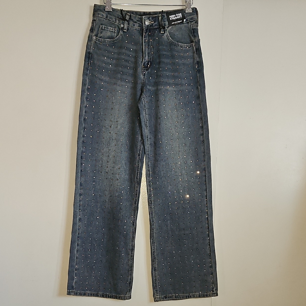 Rhinestones Straight Wide Leg High Rise Blue Jeans 25